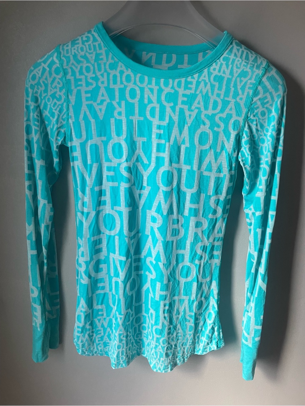 lululemon athletica Aqua and White Long Sleeve Logo Print Tee